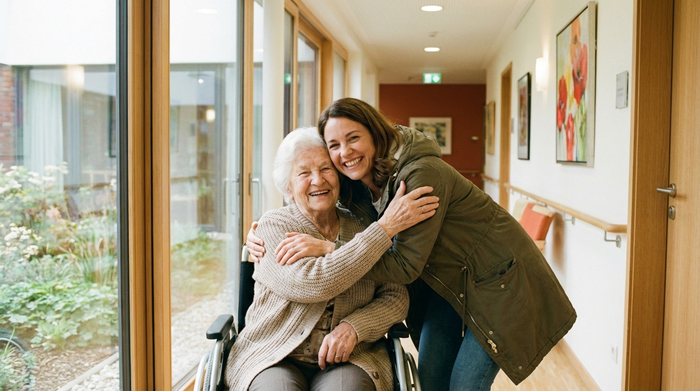 Eine liebevolle Umarmung zwischen einer älteren Mutter und ihrer erwachsenen Tochter im Flur einer modernen Pflegeeinrichtung. Beide Frauen lächeln warmherzig und entspannt.
