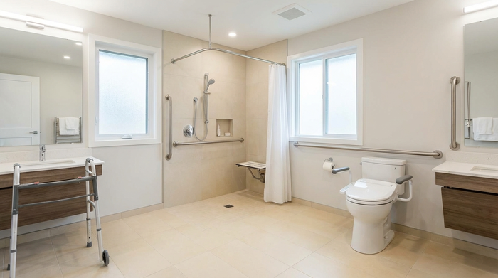 Ein modern umgebautes, barrierefreies Badezimmer für Senioren mit einer bodengleichen Dusche, stabilen Haltegriffen an den Wänden und hellen, rutschfesten Fliesen.