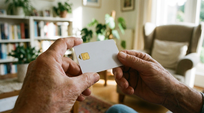 Nahaufnahme der Hände einer älteren Person, die eine moderne Krankenkassenkarte mit einem kleinen goldenen Chip hält. Der Hintergrund ist leicht verschwommen und zeigt ein gemütliches, lichtdurchflutetes Wohnzimmer. Keine lesbaren Namen oder Texte auf der Karte.