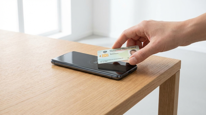 Ein modernes Smartphone liegt auf einem glatten Holztisch, direkt daneben ruht eine elektronische Gesundheitskarte. Eine Hand nähert die Karte sanft der Rückseite des Smartphones an, um eine kontaktlose Verbindung herzustellen. Helles Tageslicht, minimalistisches und sauberes Setting.
