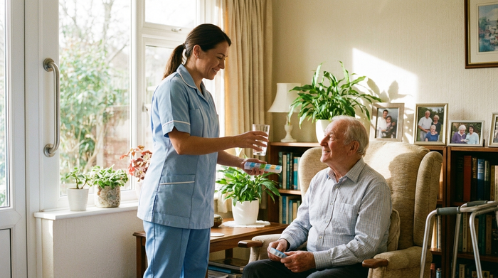 Eine fürsorgliche Pflegekraft in hellblauer Berufskleidung reicht einem lächelnden Senior ein Glas Wasser und eine kleine Medikamentenbox in einem sonnigen, wohnlichen Zimmer. Friedliche und unterstützende Atmosphäre, Fokus auf gute Pflege und Sicherheit.
