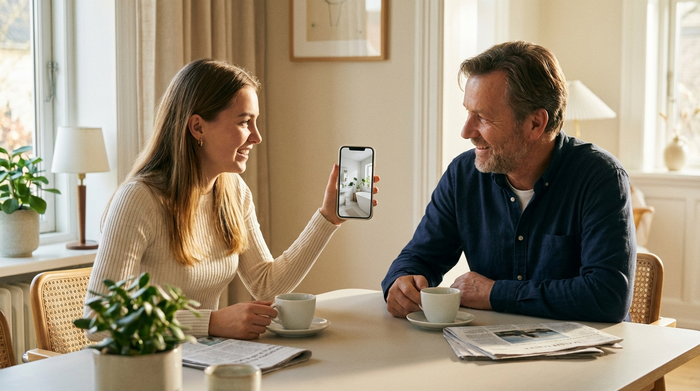 Eine junge Frau sitzt mit ihrem Vater am Esstisch und hält ein Smartphone in der Hand, um das Badezimmer während eines Videocalls zu zeigen. Helles Tageslicht, aufgeräumte und freundliche Atmosphäre, realistische Darstellung.