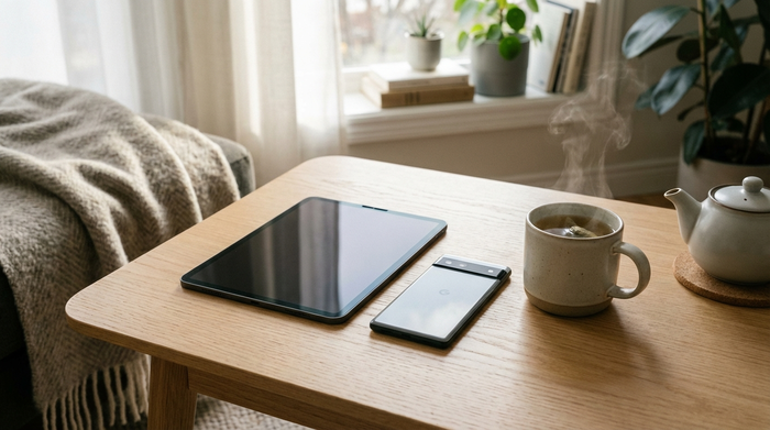 Ein modernes Tablet und ein Smartphone liegen nebeneinander auf einem hellen Holztisch. Daneben steht eine dampfende Tasse Tee. Gemütliche, saubere Umgebung, weiches Licht, keine störenden Kabel.