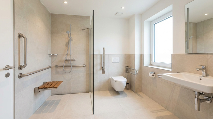 Ein modern umgebautes, barrierefreies Badezimmer mit einer bodengleichen Dusche und eleganten Haltegriffen. Helle Fliesen, sauberes und sicheres Umfeld, gut beleuchtet, realistische Architekturfotografie.