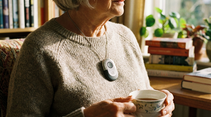 Nahaufnahme eines modernen, eleganten Hausnotruf-Sensors, der wie ein stilvolles Schmuckstück an einer Kette um den Hals einer älteren Person getragen wird. Fokus auf das unauffällige Design im Alltag.