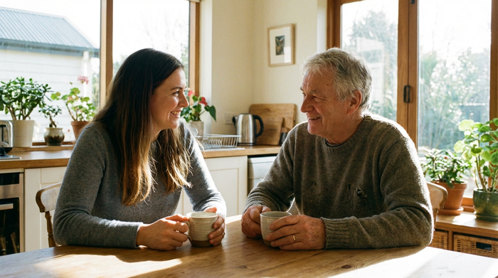 Ein liebevoller Moment zwischen einer erwachsenen Tochter und ihrem älteren Vater, die sich in einer hellen Küche bei einer Tasse Kaffee anlächeln. Der Vater wirkt sicher und entspannt.