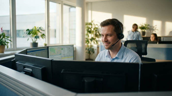 Ein professioneller, freundlicher Mitarbeiter einer Notrufzentrale mit Headset, der konzentriert auf einen Bildschirm schaut. Helles Büro, ruhige und vertrauenserweckende Arbeitsatmosphäre.