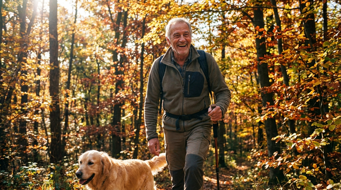 Ein aktiver, fröhlicher Senior spaziert mit einem Hund durch einen sonnendurchfluteten, herbstlichen Wald. Er trägt eine sportliche Jacke und strahlt Vitalität und Unabhängigkeit aus.