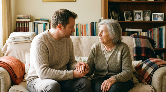 Zwei Generationen sitzen gemeinsam auf einem gemütlichen Sofa. Ein jüngerer Mann erklärt seiner älteren Mutter behutsam und geduldig etwas, während er sanft ihre Hand hält. Vertrauensvolle Stimmung.