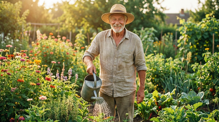 Ein fitter älterer Herr gießt lächelnd Pflanzen in seinem sonnigen Garten. Er wirkt gesund, entspannt und vital. Helle Farben, klare Umgebung, fotorealistisch, ohne Text.