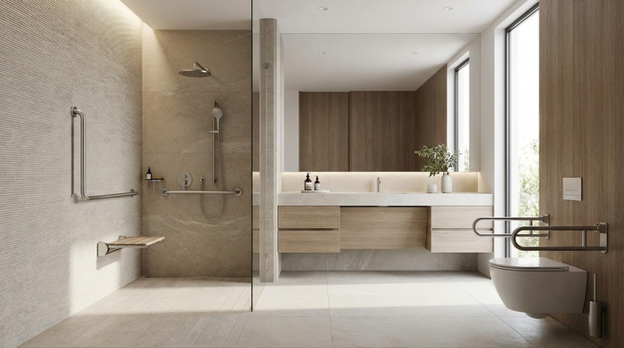 Ein modernes, helles und barrierefreies Badezimmer mit einer großzügigen, ebenerdigen Dusche. Ein eleganter Haltegriff an der Wand, rutschfeste Fliesen, sauberes und sicheres Design. Keine Texte oder Labels.