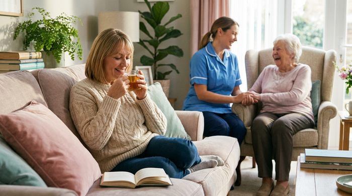 Eine entspannte Frau mittleren Alters trinkt gemütlich eine Tasse Tee auf dem Sofa, während im Hintergrund eine professionelle Pflegekraft freundlich mit der älteren Mutter spricht. Harmonische, stressfreie Atmosphäre.