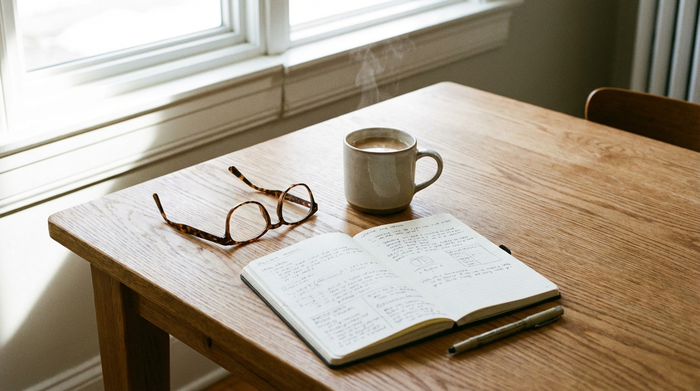 Ein aufgeräumter Holztisch mit einer Tasse Kaffee, einer Brille und einem ordentlich geführten Notizbuch. Ein Stift liegt bereit. Helles Tageslicht, fokussierte und ruhige Stimmung, ohne lesbaren Text.