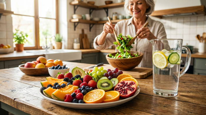 Ein bunter, appetitlicher Obstteller und ein großes Glas Wasser auf einem rustikalen Küchentisch. Im Hintergrund bereitet eine ältere Dame lächelnd einen frischen Salat zu. Lebendige Farben, gesunde Lebensweise.