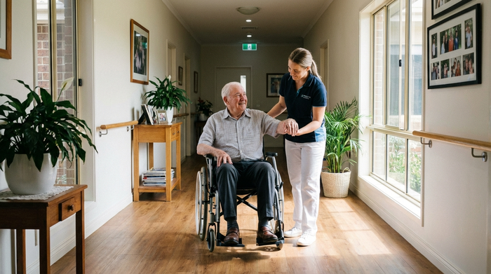 Ein älterer Patient sitzt im Rollstuhl in einem aufgeräumten Flur, während eine Physiotherapeutin ihm sanft den Arm mobilisiert. Helle, freundliche Atmosphäre, realistischer Stil, ohne Text.
