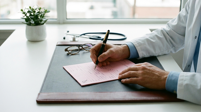 Eine Nahaufnahme der Hände eines Arztes, der mit einem hochwertigen Stift ein rosafarbenes medizinisches Formular auf einem aufgeräumten Schreibtisch ausfüllt. Realistisch, professionelles Licht, keine lesbaren Texte.