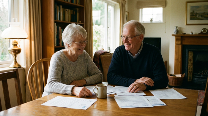 Ein älteres Ehepaar sitzt entspannt am Esstisch und betrachtet lächelnd einige Dokumente. Eine Tasse Kaffee steht auf dem Tisch. Gemütliches, warmes Licht, realistisch, keine Schriften.