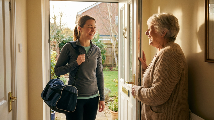Eine freundliche Physiotherapeutin mit einer kompakten Sporttasche über der Schulter steht lächelnd vor einer geöffneten Haustür und wird von einer älteren Dame begrüßt. Realistisch, hell.
