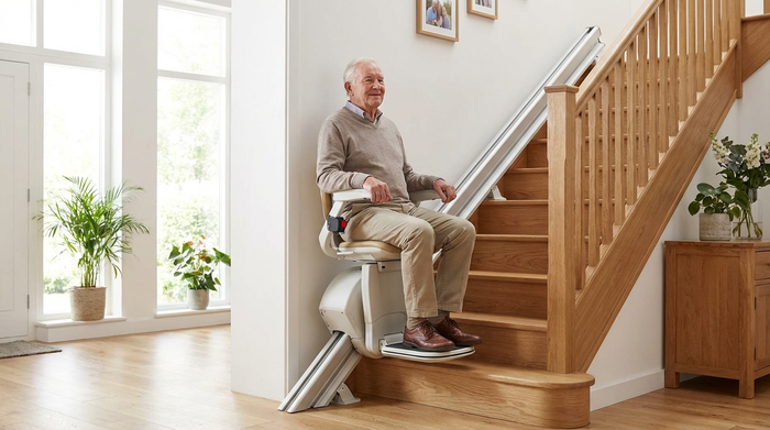 Ein moderner Treppenlift an einer gepflegten Holztreppe in einem hellen Einfamilienhaus. Ein älterer Herr nutzt den Lift sicher und entspannt. Realistische Fotografie, sauberes Umfeld.