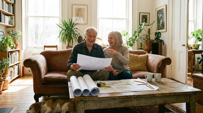 Ein freundliches, älteres Ehepaar sitzt entspannt auf einem bequemen Sofa in einem lichtdurchfluteten Wohnzimmer und bespricht fröhlich Pläne. Auf dem Holztisch vor ihnen liegen aufgerollte Baupläne und ein Maßband. Die Atmosphäre ist optimistisch, harmonisch und einladend.