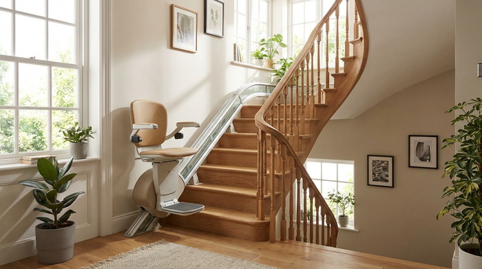 Ein moderner, eleganter Treppenlift gleitet sanft an einer geschwungenen Holztreppe in einem gepflegten Einfamilienhaus hinauf. Die gepolsterte Sitzfläche ist in einem warmen Beigeton gehalten. Helles Tageslicht erhellt das gemütliche und aufgeräumte Treppenhaus.