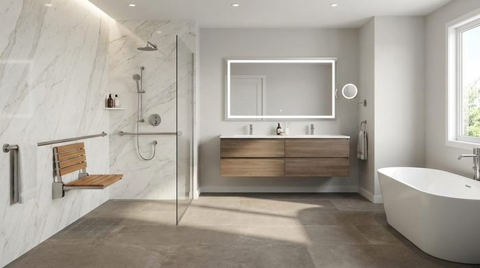 Ein luxuriöses, barrierefreies Badezimmer mit einer großzügigen, bodengleichen Dusche. An der hellen Duschwand ist ein klappbarer, ergonomischer Duschsitz angebracht, daneben ein stabiler Edelstahl-Haltegriff. Der Boden besteht aus matten, rutschfesten Steinfliesen.