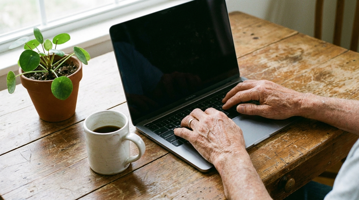 Eine Nahaufnahme der Hände einer älteren Person, die an einem modernen silbernen Laptop auf einem rustikalen Holztisch tippt. Neben dem Laptop steht eine weiße Kaffeetasse und eine kleine grüne Zimmerpflanze. Die Szene wirkt ruhig, fokussiert und produktiv.