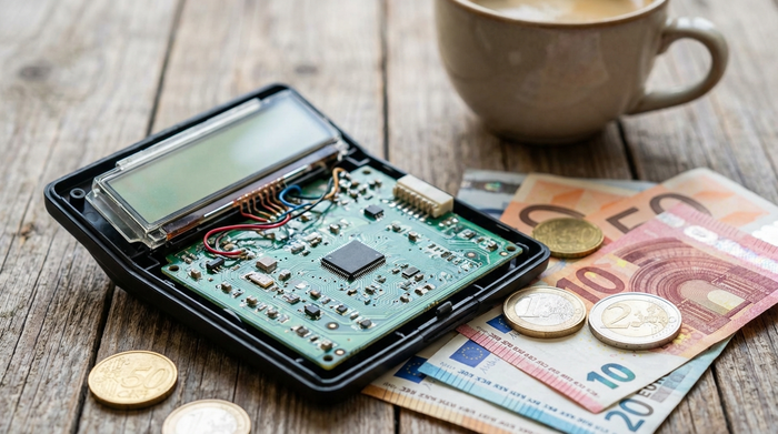 Ein detaillierter Blick auf einen aufgeschlagenen Taschenrechner neben einigen Euro-Münzen und Geldscheinen auf einem Holztisch, im Hintergrund unscharf eine Kaffeetasse. Realistische, klare Fotografie, ohne Text.