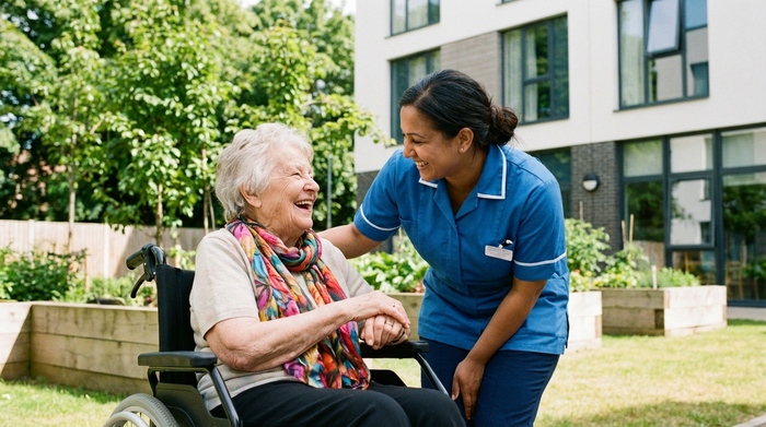 Ein freundliches Gespräch zwischen einer älteren Dame im Rollstuhl und einer lächelnden Pflegekraft in einem sonnigen, modernen Pflegeheim-Garten. Grüne Bäume im Hintergrund, entspannte und realistische Szene.