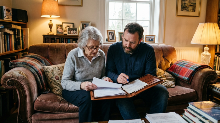 Eine ältere Frau und ein jüngerer Mann, vermutlich ihr Sohn, sitzen gemeinsam auf einem Sofa und besprechen ernsthaft Dokumente aus einem Aktenordner. Gemütliche Wohnzimmeratmosphäre, realistisch und ohne Text.