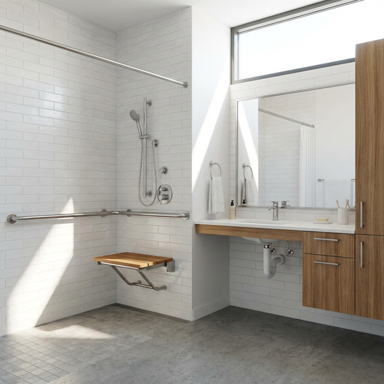 Ein modernes, helles und barrierefreies Badezimmer mit einer bodengleichen Dusche und einem Haltegriff an der Wand. Sauber und ordentlich, realistische Darstellung ohne Text.