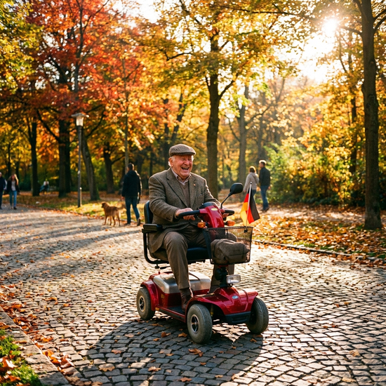 Ein älterer Herr fährt fröhlich mit einem roten Elektromobil auf einem gepflasterten Weg durch einen herbstlichen Park. Sonnenlicht, klare Umgebung, realistisches Foto.