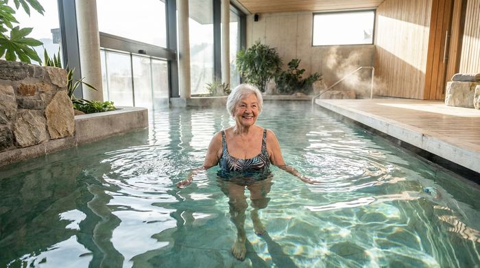 Eine ältere Dame steht entspannt bis zur Brust in klarem, warmem Wasser eines modernen Schwimmbads und lächelt. Sanfte Wellen umgeben sie im hellen Licht.