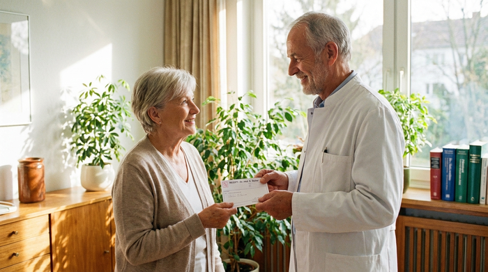 Ein freundlicher Arzt überreicht einer lächelnden Seniorin in einer gut beleuchteten Praxis ein Rezeptformular. Vertrauensvolle, professionelle und positive Stimmung.