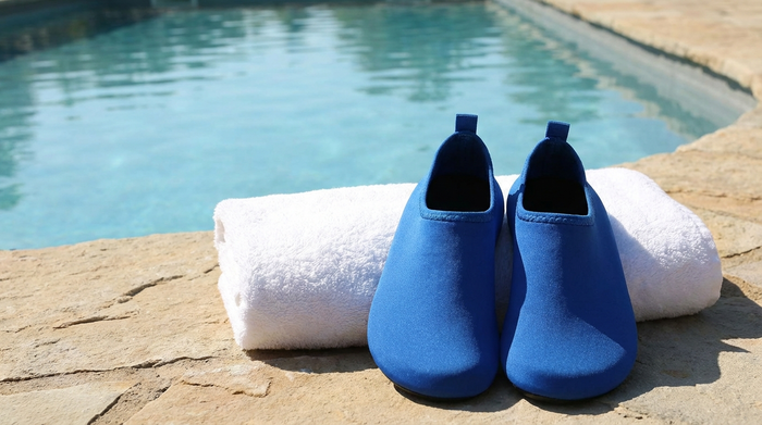 Ein Paar blaue, saubere Aqua-Schuhe steht ordentlich neben einem flauschigen weißen Handtuch am Rand eines Schwimmbeckens. Klares, ruhiges Wasser im Hintergrund.