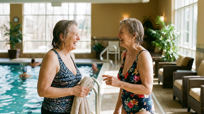Zwei ältere Frauen unterhalten sich fröhlich lachend am Rande eines Schwimmbeckens, beide tragen Badekleidung. Entspannte, gesellige und harmonische Atmosphäre im Hallenbad.