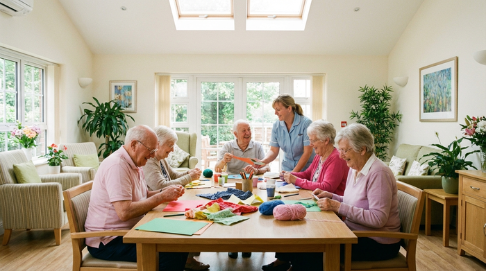 Eine Gruppe fröhlicher Senioren sitzt in einem hellen Gemeinschaftsraum an einem Tisch und bastelt gemeinsam. Eine freundliche Betreuerin hilft ihnen. Natürliches Licht, saubere Umgebung, positive Stimmung, keine Schriften.