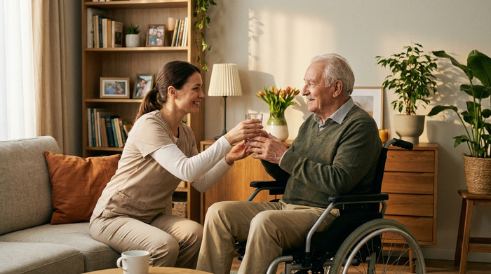 Eine engagierte Betreuungskraft reicht einem älteren Herrn im Rollstuhl in seinem eigenen Wohnzimmer ein Glas Wasser. Ruhige, respektvolle Szene, aufgeräumtes Zuhause, warme Farben, realistisch und ohne Text.