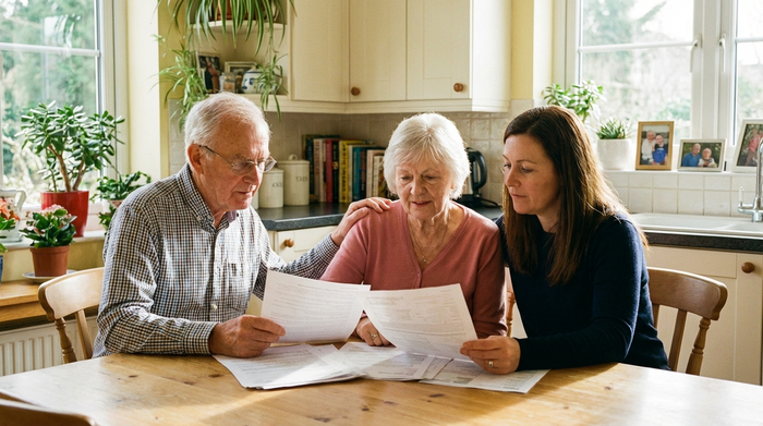 Ein älteres Ehepaar sitzt mit ihrer erwachsenen Tochter am Küchentisch und schaut sich gemeinsam Dokumente an. Ernsthafte, aber erleichterte Gesichtsausdrücke, helle Küche, familiärer Zusammenhalt, keine lesbaren Texte.