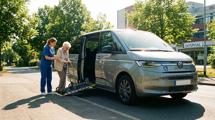 Eine junge Pflegekraft hilft einer Seniorin beim Einsteigen in einen modernen, barrierefreien Kleinbus. Strahlender Sonnenschein, grüne Bäume im Hintergrund, professionelle und sichere Begleitung, realistische Szene.