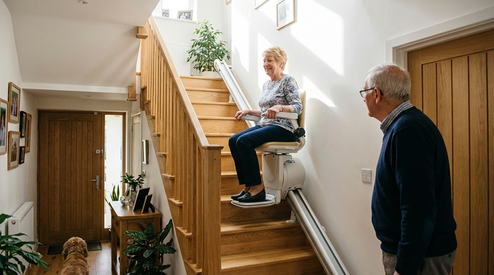 Ein moderner Treppenlift in einem gepflegten Einfamilienhaus. Eine ältere Dame fährt sicher und entspannt die Treppe hinauf. Helles Treppenhaus, Holzstufen, realistische häusliche Umgebung, keine Diagramme.