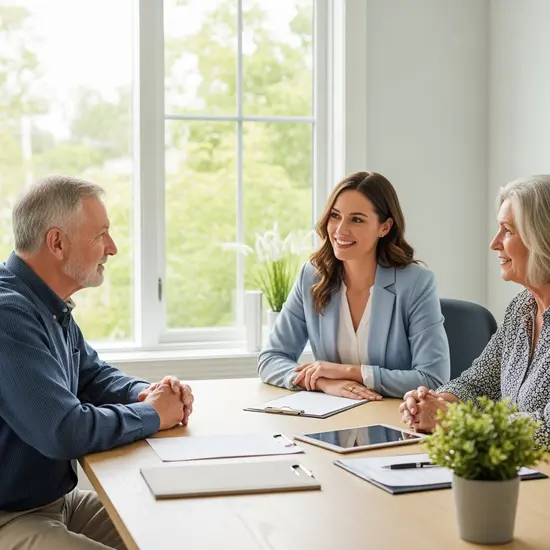 Freundliche Beraterin spricht mit einem älteren Paar in einem hellen Büro; auf dem Tisch liegen neutrale Unterlagen ohne lesbaren Text, entspannte Atmosphäre, Fokus auf Gesundheitsvorsorge.