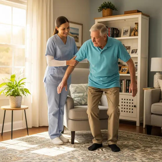 Pflegerin hilft älterem Herrn beim Aufstehen aus dem Sessel in einem hellen Wohnzimmer, freundliche Atmosphäre, häusliche Pflege.