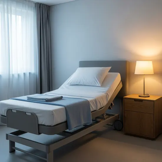 Modernes Pflegebett in einem gepflegten Zimmer mit Nachttisch und sanfter Beleuchtung, keine Texte sichtbar.