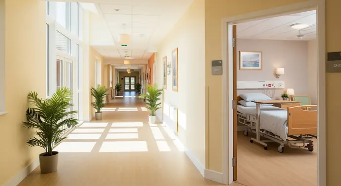 Helles Pflegeheim mit breiten Fluren und freundlicher Atmosphäre, ein Pflegebett ist durch eine offene Tür sichtbar.