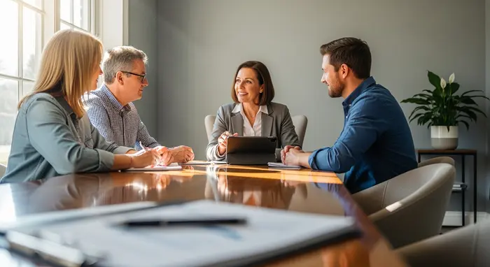 Familie spricht mit Versicherungsberater in gemütlichem Beratungsraum; Unterlagen liegen unscharf auf dem Tisch.