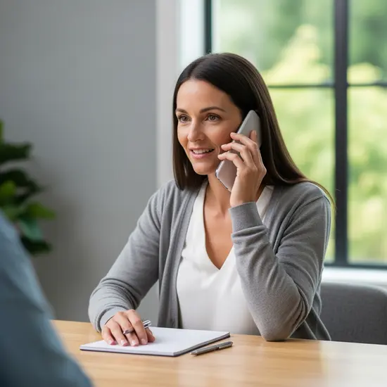 Pflegeberaterin telefoniert in einem ruhigen Büro mit einem Angehörigen; Notizblock und Stift auf dem Tisch, keine lesbaren Texte.