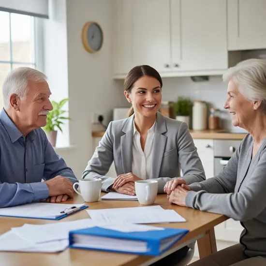 Pflegeberater besucht älteres Ehepaar zu Hause; freundliches Gespräch am Küchentisch, Formulare unscharf im Hintergrund.