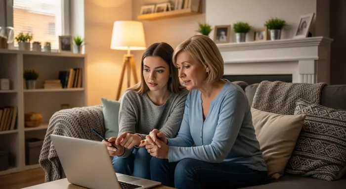 Erwachsene Tochter unterstützt ihre Mutter beim Ausfüllen eines Online-Antrags am Laptop im Wohnzimmer; keine lesbaren Bildschirmdetails, gemütliche Umgebung.