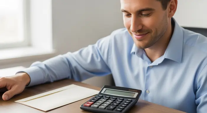 Erwachsener Mann lächelt zufrieden, sitzt am Schreibtisch mit neutralem Briefumschlag und Taschenrechner; keine lesbaren Texte.